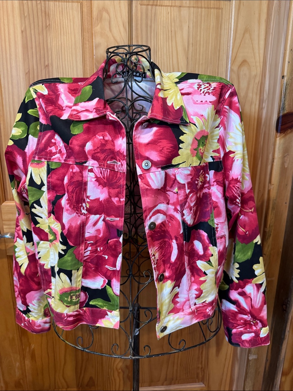 Women's Floral Denim Jacket in Red, Pink & Green